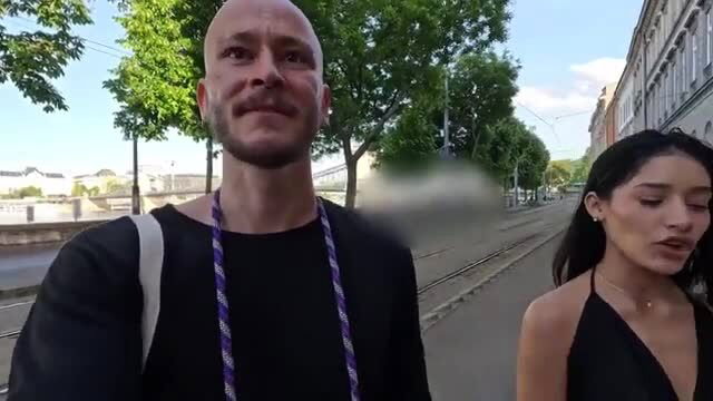 Bald guy and hot Colombian slut walking outdoors in black dress