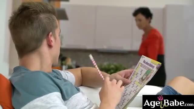 Pixie teases young Oliver with saggy tits in kitchen, AgeBabe