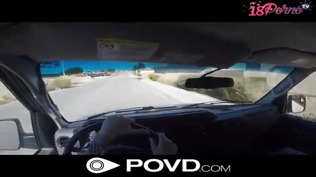 POV dashcam view of slut in van on desert road ready for back fuck