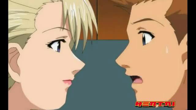 Blonde secretary faces nervous boss in tense hentai office scene