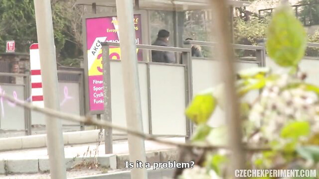 Nympho teases old guy at park bus stop, amateur public fun