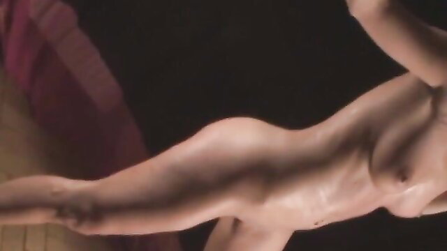 Nude athletic woman stretched out, arched back and perky tits exposed