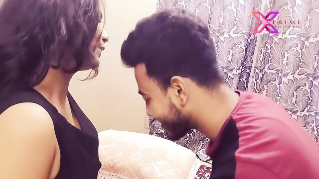 Sexy Indian girlfriend in black top kissed by boyfriend close-up
