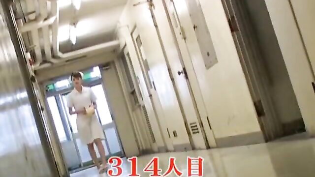 Asian nurse in short uniform walking hospital hallway, panty upskirt tease
