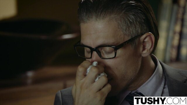 Male therapist sneezing into tissue in Eliza Jane anal therapy scene