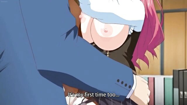 Anime hentai girl with huge tits hugged by suited man, first time blush