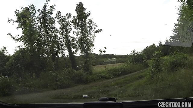Blonde passenger teases driver in car on rural road, Taxi Driver Gets A Tip