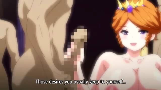 Anime hentai princess with orange hair sucks cock in orgy scene
