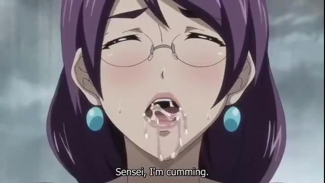 Purple-haired glasses anime girl ahegao cumshot in JAV hentai