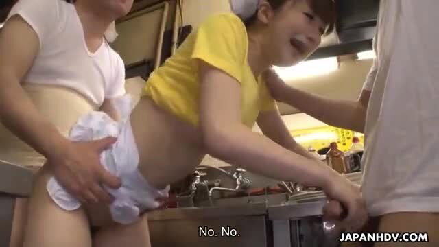Japanese waitress Asuka gangbanged in kitchen, creampied by men