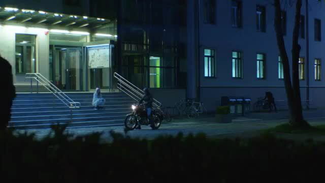 Virginia Gardner outside at night on motorcycle, hot nude tease