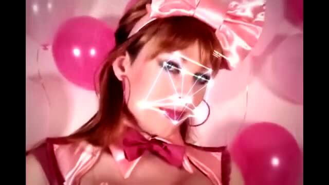 Redhead ladyboy in pink lingerie with face grid, balloons party tease