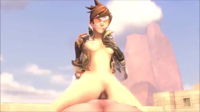 Tracer squatting nude on cock in outdoor sex scene