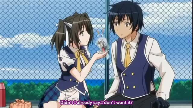 Anime girl in skirt offers figurine to boy at school fence outdoor JAV scene