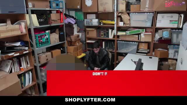 Leather-clad slut in cluttered room gives pussy to dodge jail time