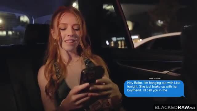 Redhead babe Madi Collins texts in car, green dress, Blacked Raw