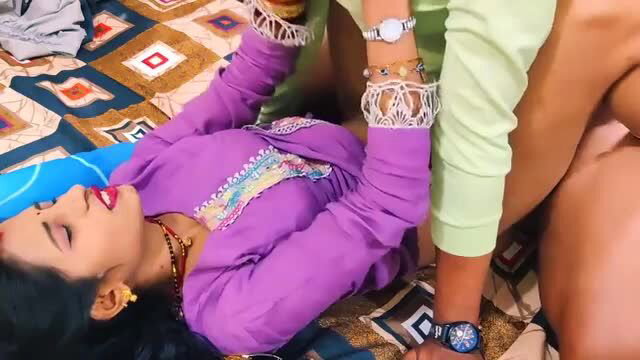 Indian step-sister in purple top fucked hard by step-brother on bed