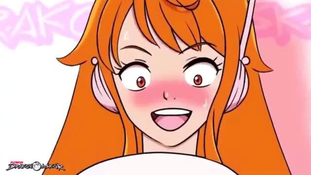 Blushing orange-haired anime girl with headphones in shocked ecstasy, fiery passion