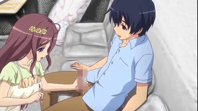 Anime hentai couple: purple-haired girl strokes guy's cock on couch