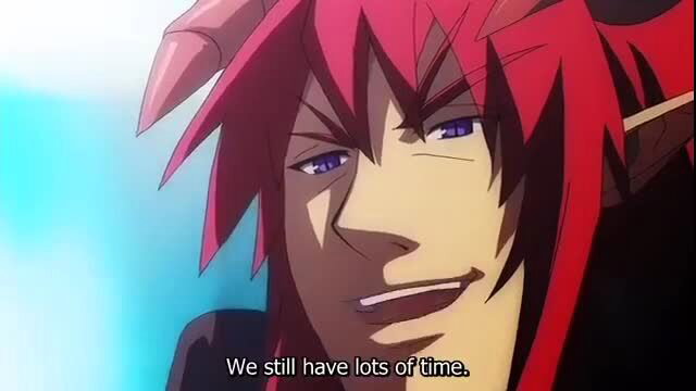 Red-haired anime demon smirks saying 'We still have lots of time' from Demonion Gaiden vol.1
