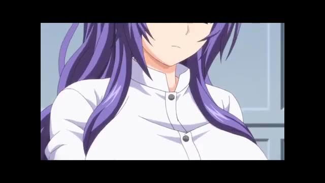 Purple-haired anime hentai girl in tight white shirt with huge tits closeup