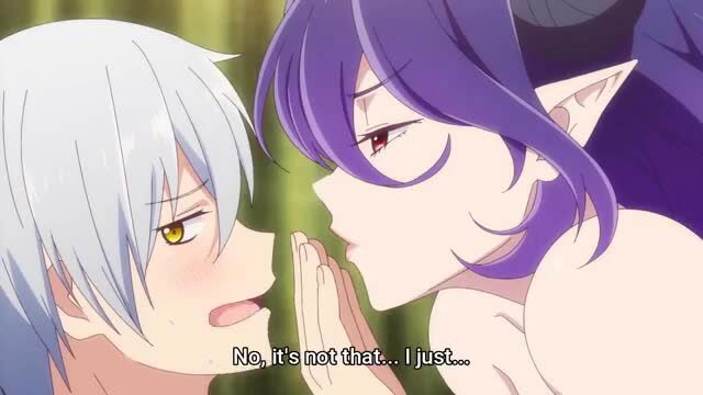 Purple-haired elf girl kissing silver-haired anime boy passionately in hentai scene