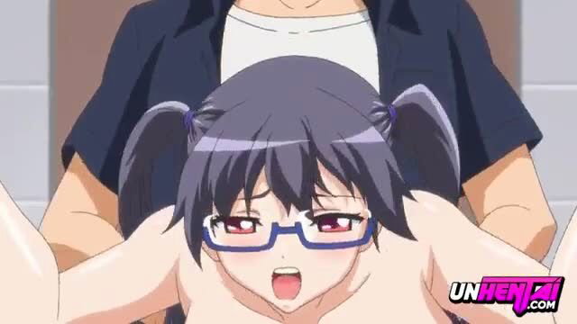 Busty anime teen with glasses creampied in public by man