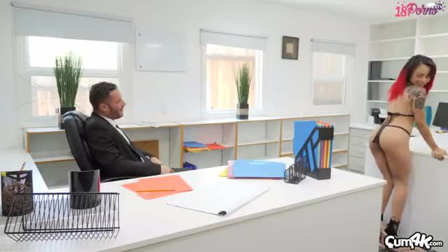 Holly Hendrix bends over desk in thong for boss anal creampie