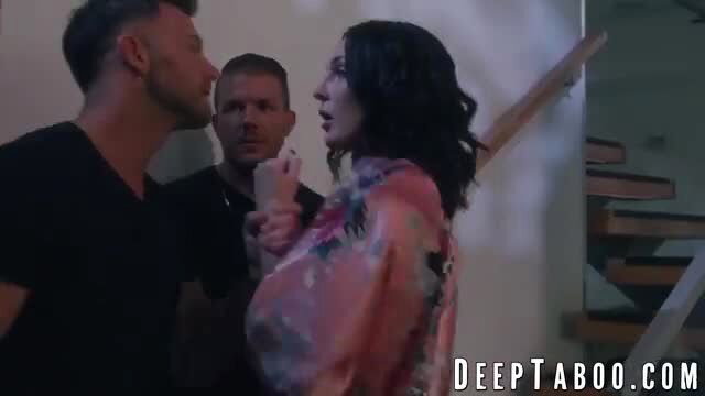 Charlotte Sins kneels for double blowjob on Seth Gamble and buddy's cocks