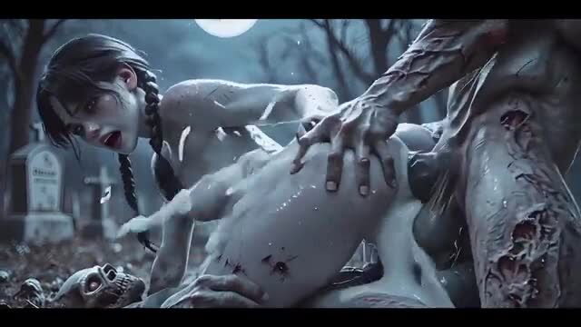 Nude Asian girl with braids fucked by zombie in moonlit cemetery