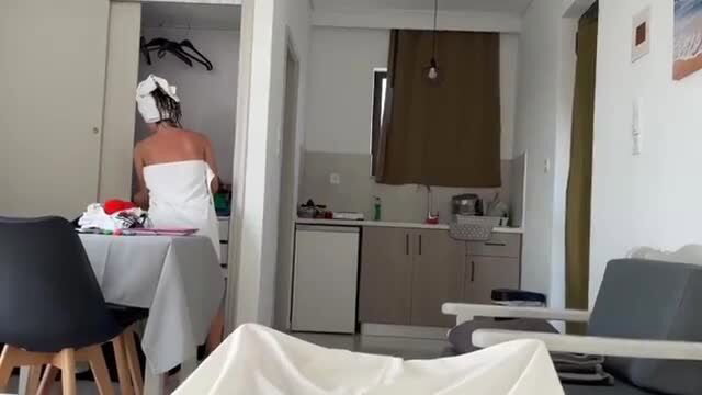 Isabella Gomez topless in towel bending over in kitchen