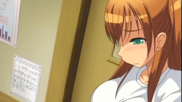 Anime futanari girl with orange ponytail, green eyes, huge tits in tight white shirt