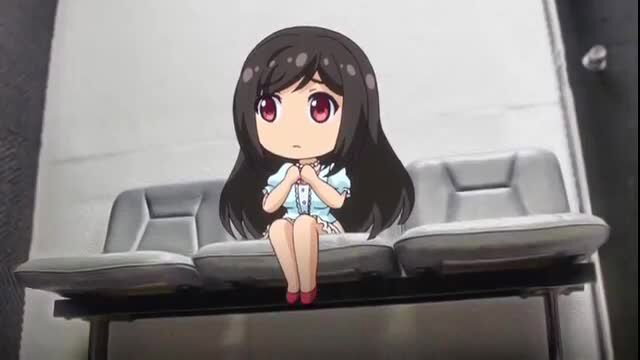 Cute chibi anime girl in blue dress sitting nervously, Ero Manga hentai style