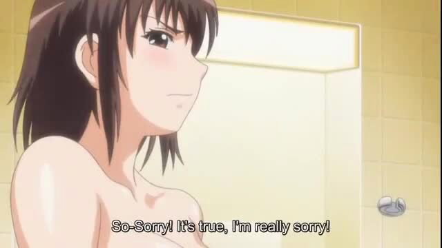 Nude anime girl with brown hair apologizes in bathroom, big tits exposed