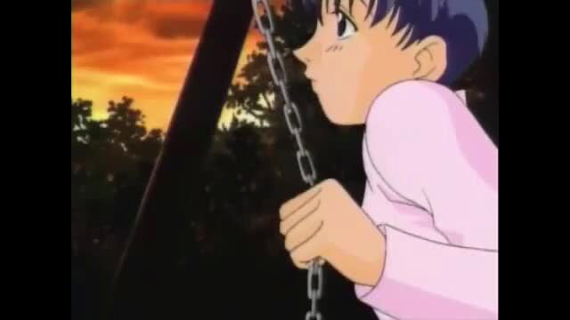 Anime girl with blue hair on swing at sunset, cute expression