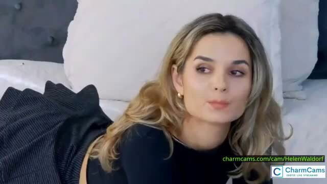 Helen Waldorf blonde camgirl bedtime tease in skirt lift on bed