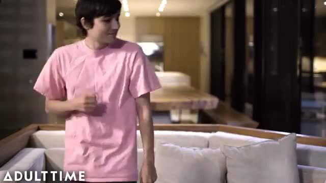 Pristine Edge stepmom in pink tee, teasing indoor scene