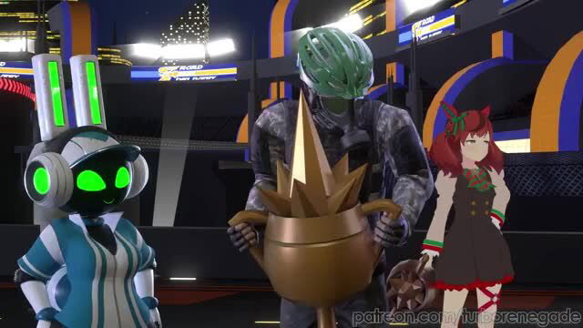 Cosplay anime girls with alien helmets in futuristic race scene