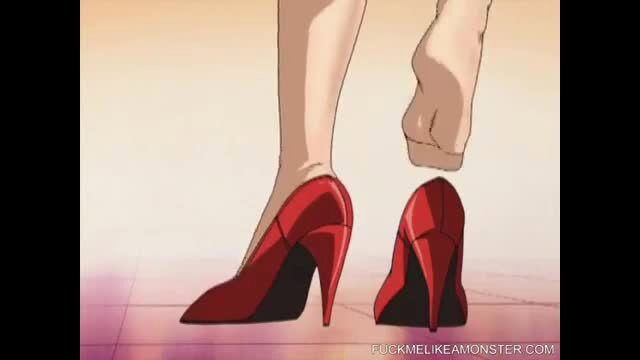 Anime girl in red heels footjob closeup view