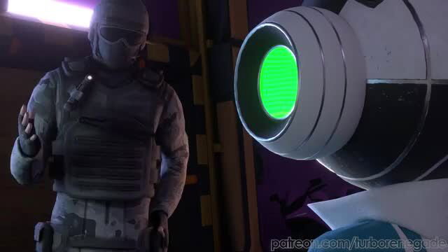 TurboRenegade in tactical gear with alien robot, sci-fi adult scene