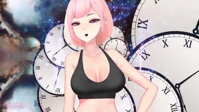 Pink-haired anime hentai girl in black sports bra with clocks and stars