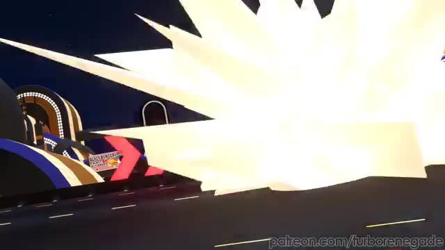 Explosive neon race track crash scene from A Race Called The Race adult video