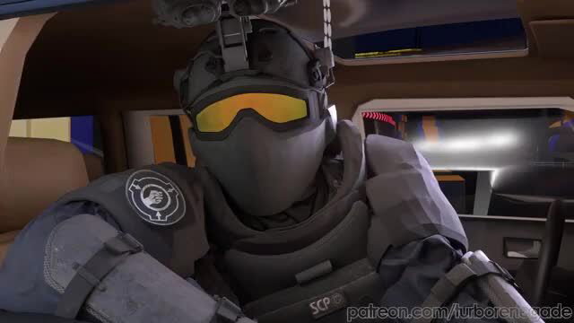 Masked SCP operative in tactical gear sits armed in vehicle, intense yellow goggles