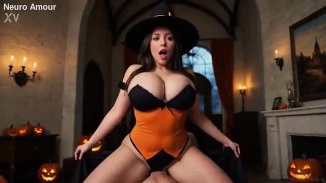 AI-generated busty witch in orange corset lingerie spreads legs on Halloween