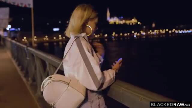 Blonde Emily Cutie in tracksuit on night bridge, BlackedRaw MMF preview