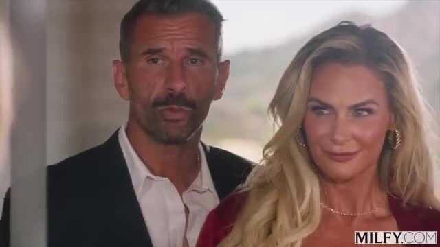 Paris Lincoln with handsome stud in suit, blonde MILF beauty