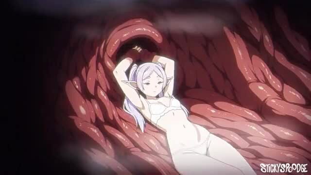 Anime elf girl in white bikini relaxing inside giant tentacle mouth vore