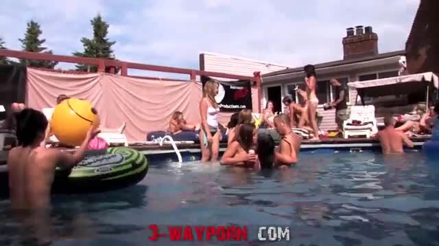 Hot blondes in bikinis at pool party orgy with topless guys