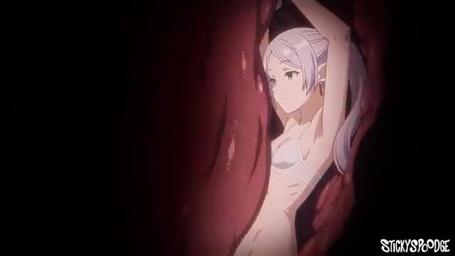 Anime girl with white hair in red tentacle vore pussy, lingerie tease