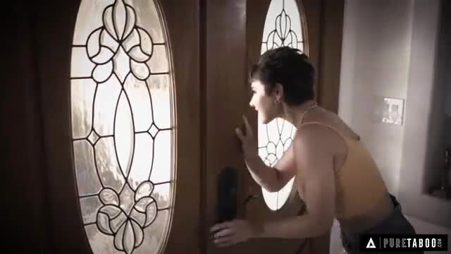 Anny Aurora peeking through door in tight tank top, big tits